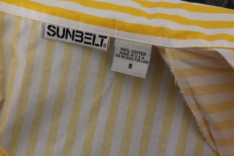 80s Bold Yellow and White Vertical Striped Long Sleeve Blouse; Amazing Collar Detail and Bold White Buttons From Neckline to Waistline