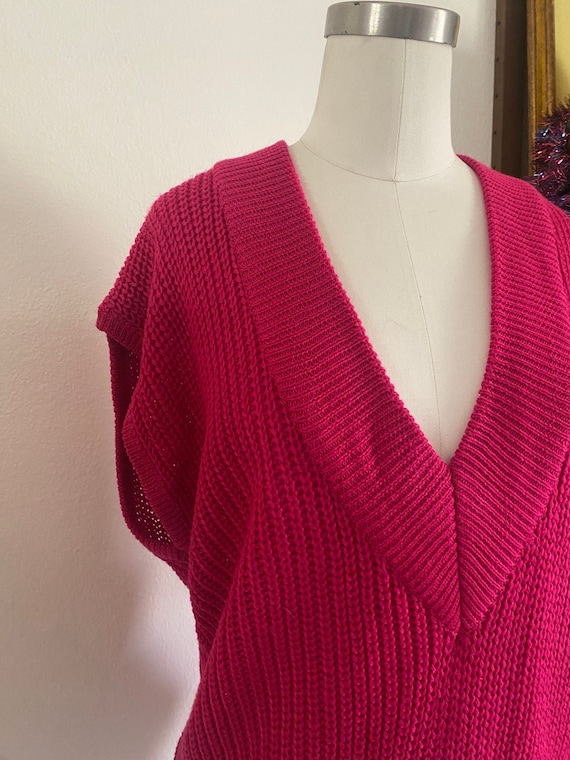 Vintage 80s Preppy Deep V Bright Pink Varsity Swea