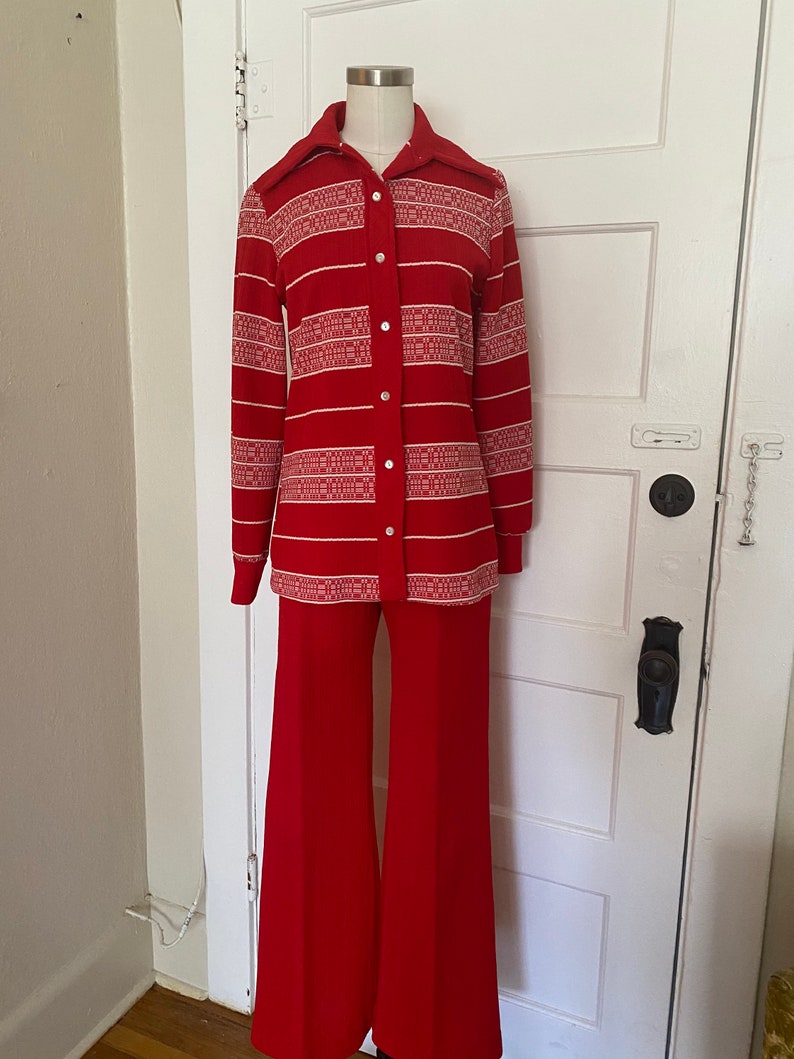 Vintage 60s 70s Abstract/Geometric Bold Horizontal Striped Mod Polyester Matching Set 60s 70s Coordinating Set 60s Retro Pantsuit Red S M image 7