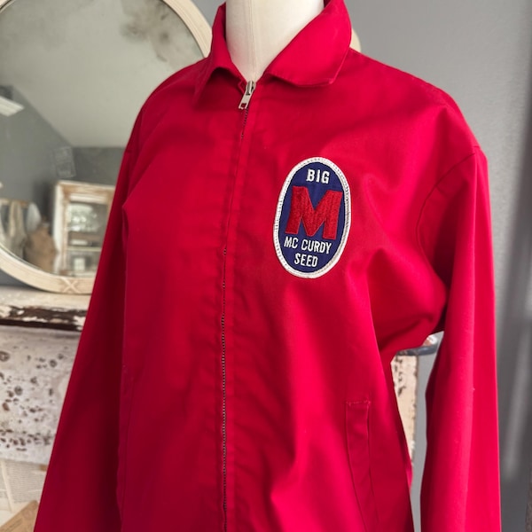 Vintage 70s Red Workwear Jacket with Patches Big M McCurdy Seed Company; Industrial  Promotional Workwear Classic Zip-up Windbreaker Unisex