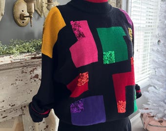 Vintage 80s Knit Holiday Sweater Dress Sequin Geometric Shapes; 80s Ugly Sweater Christmas Dress; 80s Evening Wear Knit New Years Black L