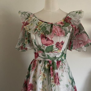 60s Vintage Maxi Dress with Bold Floral Print & Off the Shoulder Flutter Sleeve;  Ruffled Collar; 70s Chiffon Hostess Floral Wedding Dress