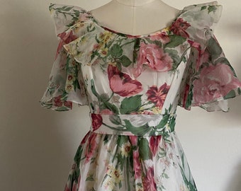 60s Vintage Maxi Dress with Bold Floral Print & Off the Shoulder Flutter Sleeve;  Ruffled Collar; 70s Chiffon Hostess Floral Wedding Dress