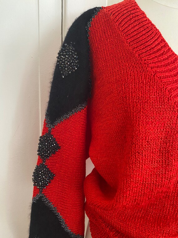 Vintage 80s Oversized Holiday Red  Knit Lurex Swe… - image 6