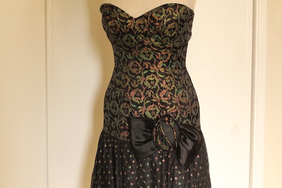 80s Metallic Prom Dress Strapless with Ruffled Tul