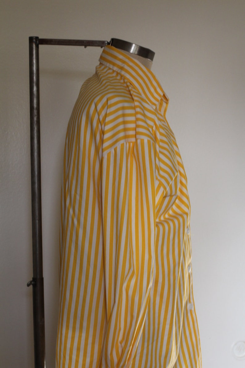 80s Bold Yellow and White Vertical Striped Long Sleeve Blouse; Amazing Collar Detail and Bold White Buttons From Neckline to Waistline