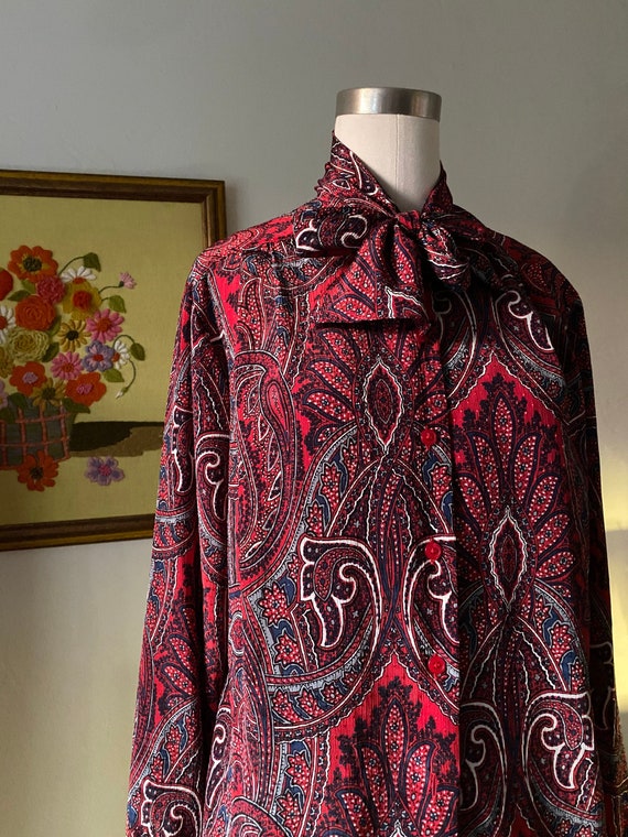 Vintage 70s Fall Tie Front Long Sleeve Paisley Bl… - image 1