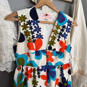 Vintage 60s Psychedelic Liberty House Flower Power Kaftan/Maxi Dress with Daisies & Hawaiian Floral; 60s Day Glo Floral Waikiki Go Go
