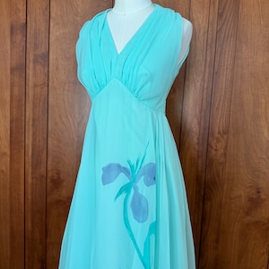 Vintage 60s Hostess Abstract Watercolor Floral Tank Maxi Dress V-Neckline; 60s Chiffon Hostess Dress 60s Summer Mint Chiffon Hibiscus Maxi S