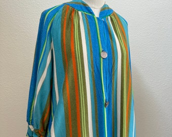 Vintage 60s Vertical Striped Rainbow Terry Cloth Maxi Dress Bold Buttons Pockets; 60s Swimsuit Cover up; 70s Striped Lounge/Vacation Dress M