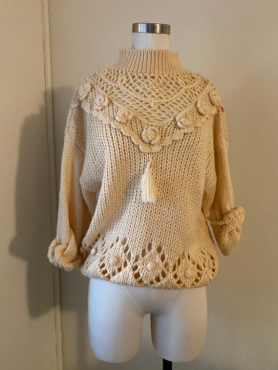 Vintage 70s Chunky Cable Knit Sweater with Mockne… - image 2