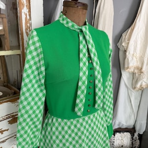 Vintage 60s Mod Gingham Maxi  Long Sleeve Dress in Lime Green and White Bold Button; 60s Spring Polyester Plaid Maxi Dress; 60s A Line