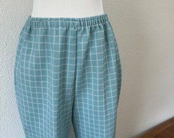 Vintage 70s High Waisted Polyester Plaid Trousers; Wide Leg Polyester Pants; Vintage 70s Teal and White Kick Flair Pants with Grid Print L