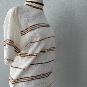 Vintage 70s Stretch Knit Varsity Striped Top Short Sleeve with Mockneck Collar ; 70s Retro Brown, Gold,and White Striped Short Sleeve Knit M