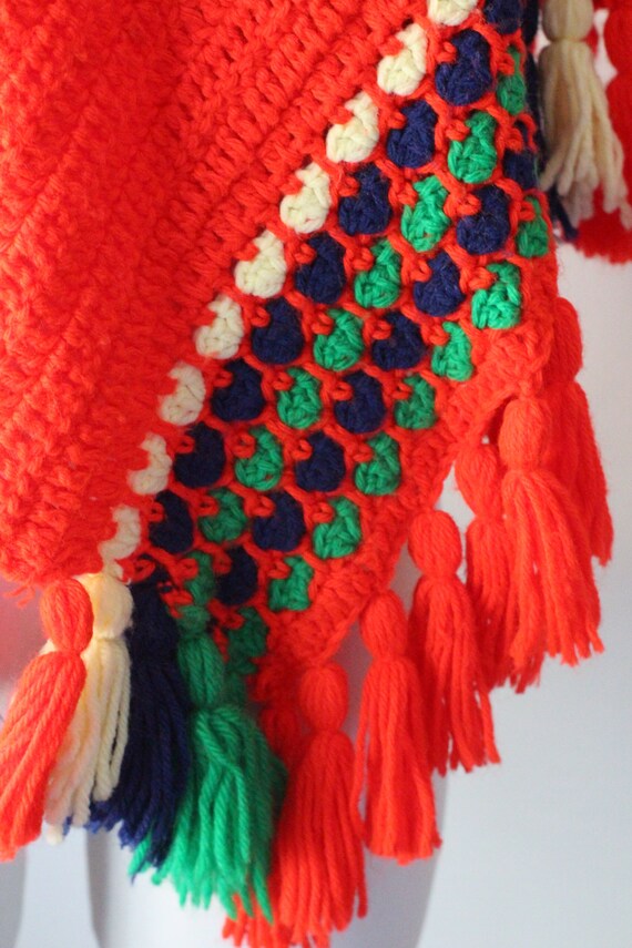 Vintage Knit Poncho 70s Handmade Red, Green, Navy… - image 6