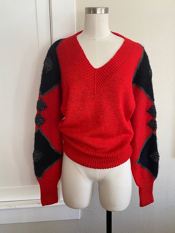 Vintage 80s Oversized Holiday Red  Knit Lurex Swe… - image 2