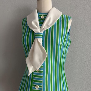 Vintage 70s Stretch Knit Ribbed Tank Top with Vertical Stripes and Tie Front; 70s Retro Sky Blue, Lime, and White Striped Sweater Vest M L