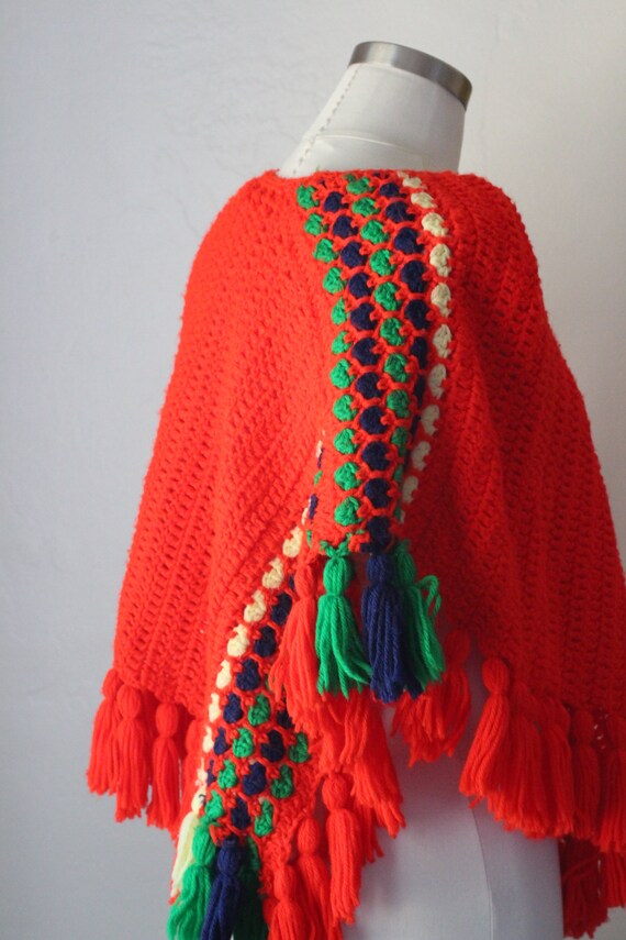 Vintage Knit Poncho 70s Handmade Red, Green, Navy… - image 7