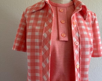 60s Mod Mini Tank Dress in Gingham with Matching Cropped Jacket; 60s Spring Checkered Plaid Picnic Print Tank Dress with Polyester Blouse M