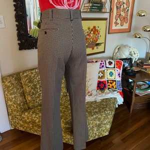 Vintage 70s High Waisted Brown, Yellow, and White Houndstooth Pants Wide Flare 70s Unisex Bell Bottoms Polyester Pants with Checkered Print image 6