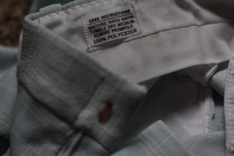 70s Vintage High Waisted Plaid Trousers; Wide Leg Polyester Pants; Vintage Light Blue and White Plaid Trousers