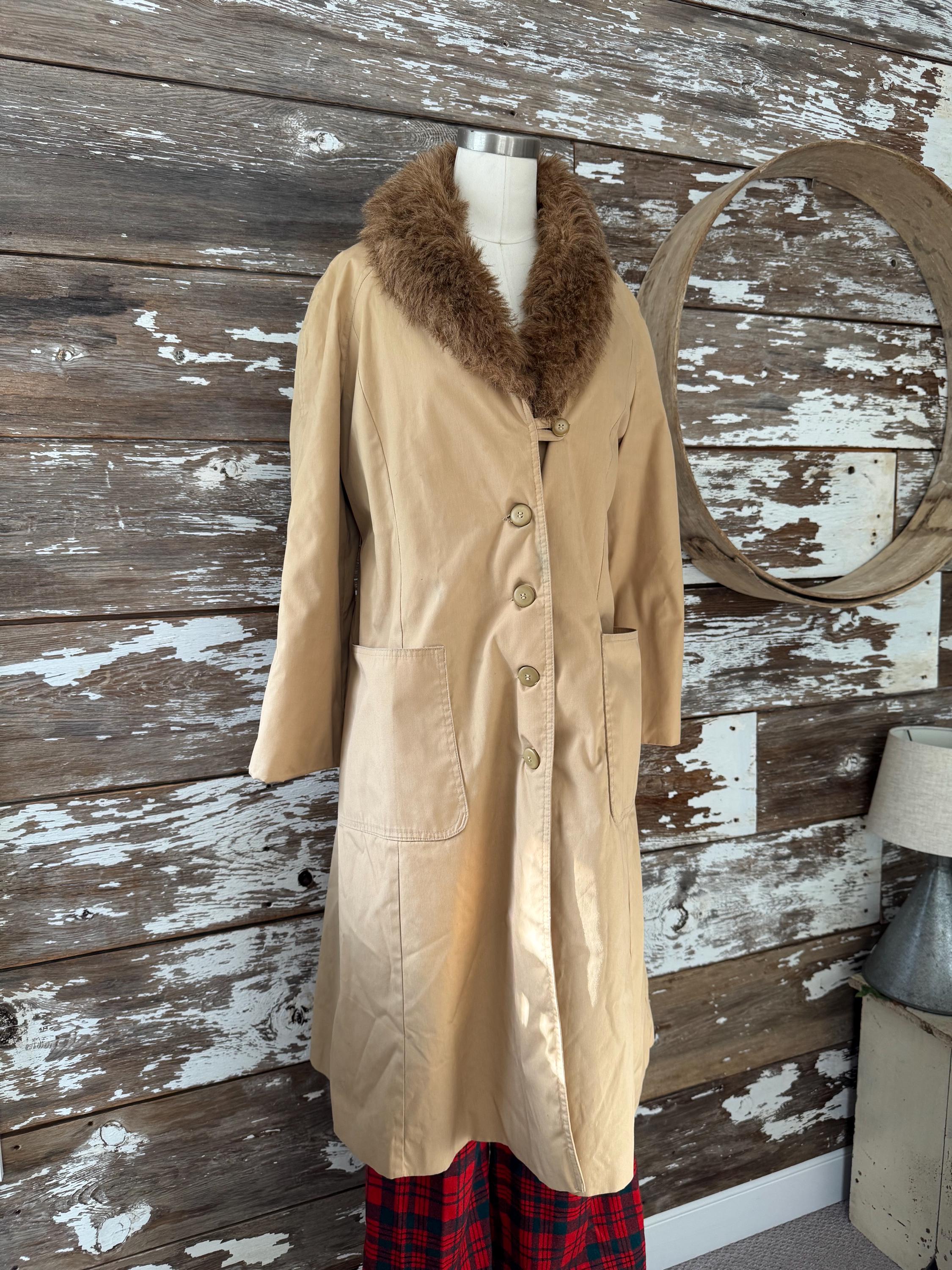 ジャケット・アウター vintage archive long coat Vintage 70s Khaki Longline Trench Coat/jacket Wide Faux Fur Collar