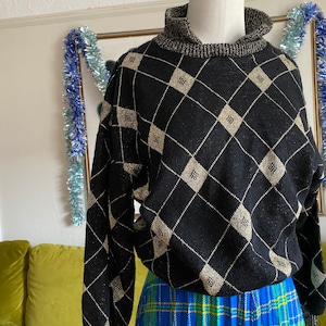 Vintage 70s Black and Gold Chunky Lurex Knit Argyle Oversized Sweater with Wingtip Collar; 80s Geometric Tinsel Holiday Sweater