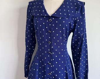 80s Polka Dot Sailor Collared Romper; Belted Waistline Gold Buttons, 80s Spring Whimsy Navy White Nautical Long Sleeve Peter Pan Jumper
