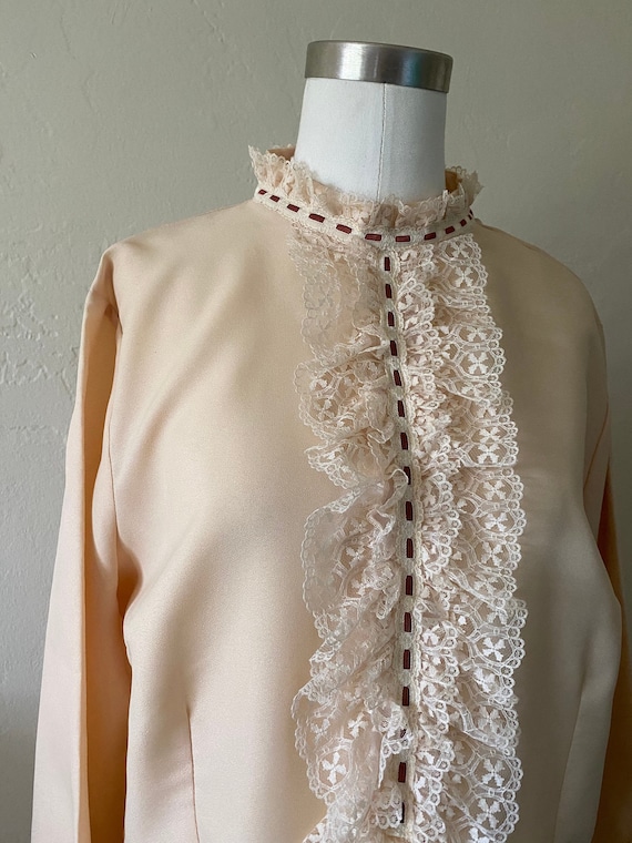 70s Long Sleeve Cream Victorian Blouse with Jabot 