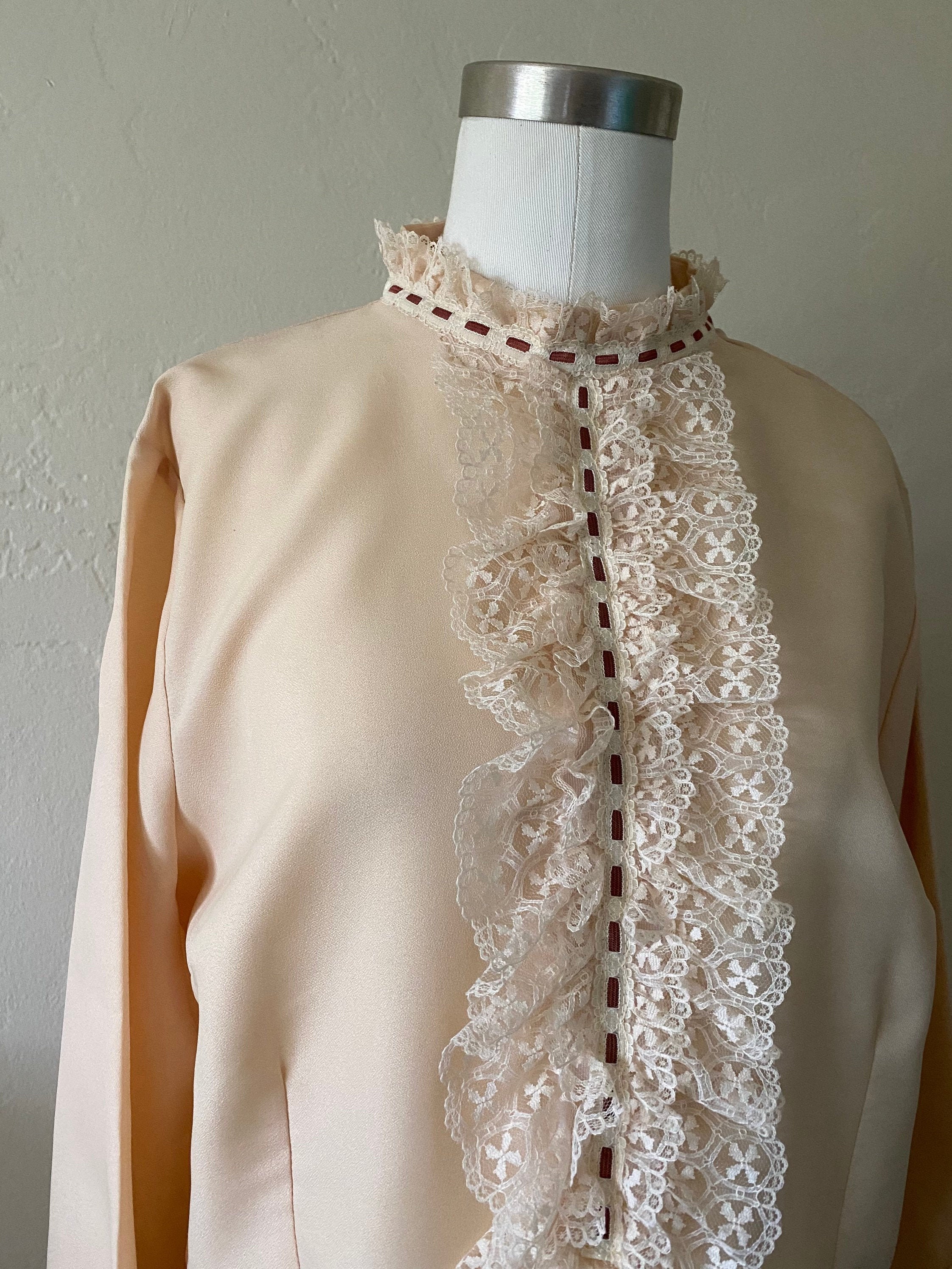70s Long Sleeve Cream Victorian Blouse With Jabot and Ruffled