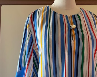 Vintage 70s Retro Rainbow Vertical Striped Blouse/Tunic; Ample Togs Striped Primary Colored Polyester Tunic with Wide Bell Sleeve