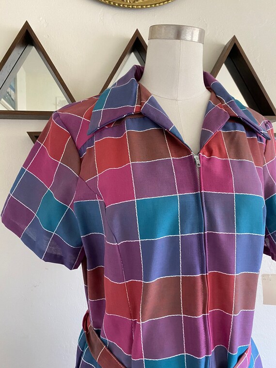 Vintage 70s Rainbow Colorblock Plaid Dropwaist Dre