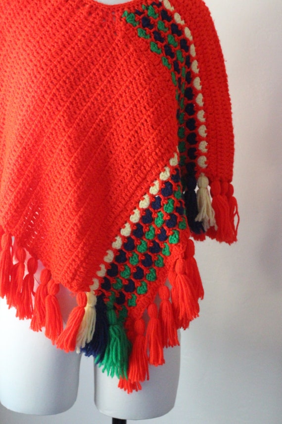 Vintage Knit Poncho 70s Handmade Red, Green, Navy… - image 1