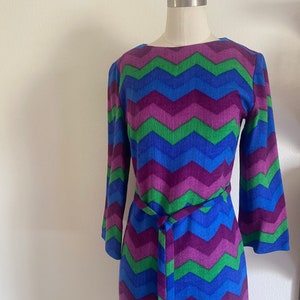 Vintage 60s Mod Jewel Tone Wool Chevron Dress with Belt; 70s Bold Zig Zig Mini Shift Dress with Quarter Bell Sleeves; 60s Spring Mini Dress