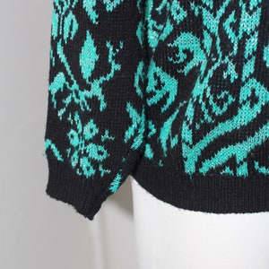 Retro 80s Holiday Sweater, Silver Lurex, Black and Teal with Snowflakes and a Scroll Design; Ribbed Mock Neck Collar