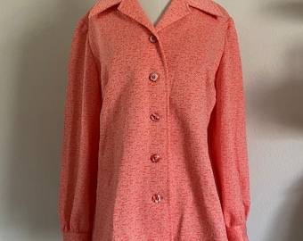 Vintage 70s Grid Print Polyester Blazer; 60s Coral Button up Blouse with Heathered Material in Coral and White Disco Blouse Bold Buttons L