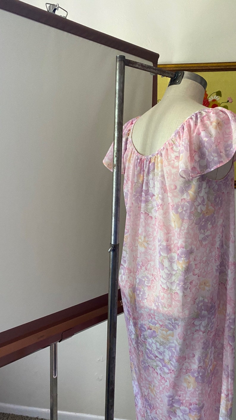 Vintage 90s Pastel Floral Nightie Tank Dress with Flutter Sleeves; 90s Satin Slip Dress Feminine Floral Nightgown