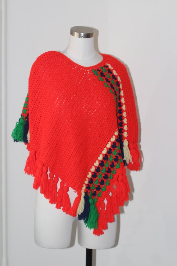 Vintage Knit Poncho 70s Handmade Red, Green, Navy… - image 3