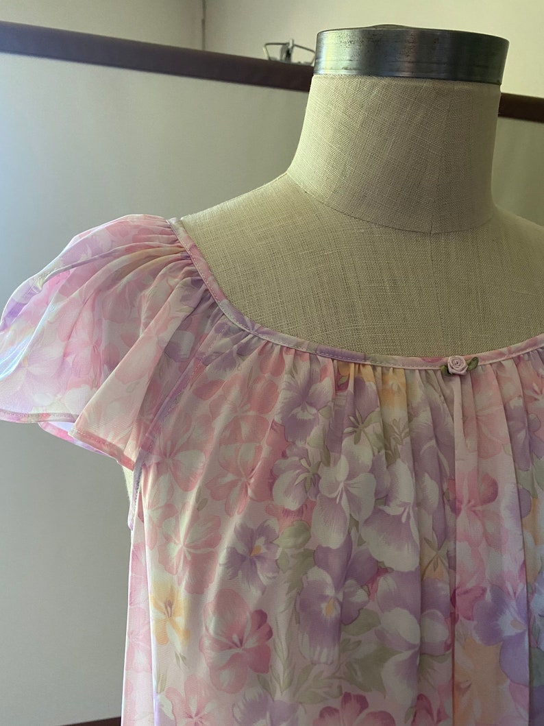 Vintage 90s Pastel Floral Nightie Tank Dress with Flutter Sleeves; 90s Satin Slip Dress Feminine Floral Nightgown
