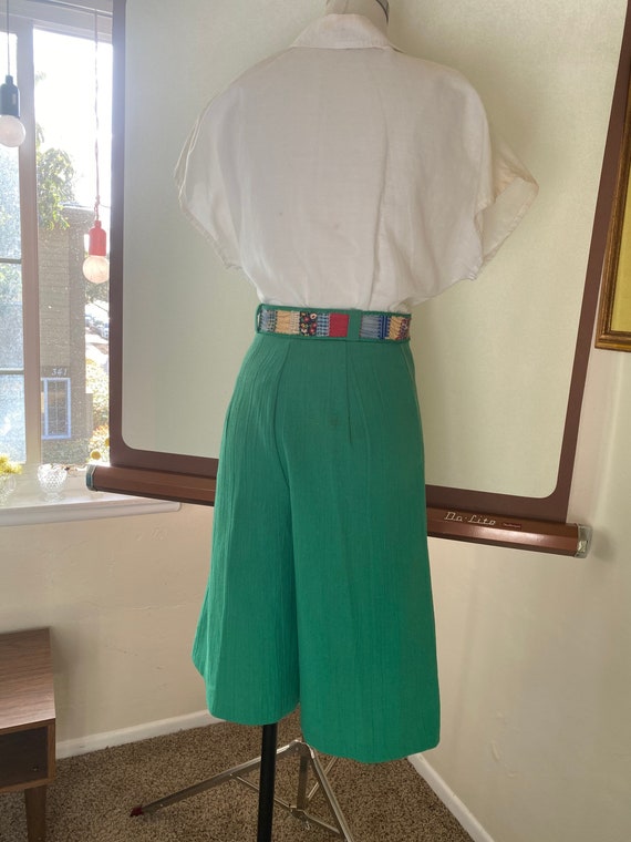 Vintage 70s Culottes with Patchwork Blue Bird Tas… - image 3