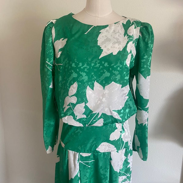 Vintage 80s Satin Leaf Print Abstract Design Dress with Long Sleeves and Dropwaist; 80s Evening Wear Foliage Print Dress with Fit & Flare