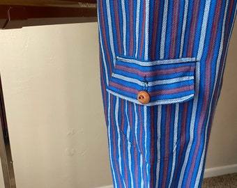 Vintage 70s Cargo Pants High Waisted Blue, Red, and White Striped Lounge Pants with Tie Bottoms ; Elastic Band and Side Pockets