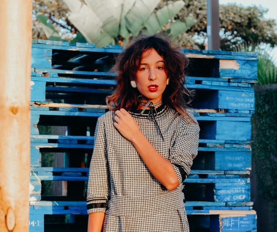 50s Vintage Long Sleeve Gingham Prarie Dress; Bla