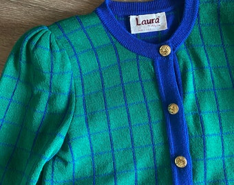 Cardigan audacieux à manches longues en tricot extensible vintage des années 80 ; Cardigan années 80 aux couleurs contrastées avec imprimé vert et bleu M