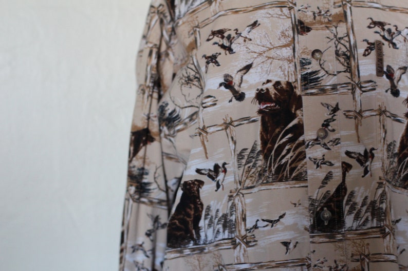 Vintage 70s Inspired Button Down Blouse with Pheasant and Dog Pattern Men's Hunting Scene Blouse image 4