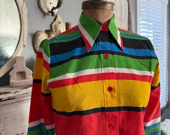 Vintage 70s Op Art Blouse with Disco Collar; 70s Psychedelic Neon Day Glo Bold Long Sleeve Button Up Blouse Novelty Rainbow Striped Print M