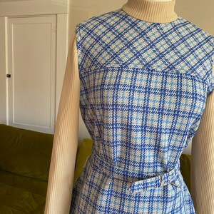 Vintage 60s Mod Grid Print Baby Doll Psychadelic Mini Dress with Bubble Sleeves 60s Blue Striped Mini Shift Dress with Turtleneck L image 8