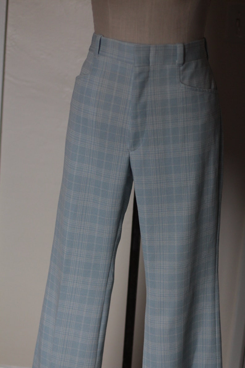 70s Vintage High Waisted Plaid Trousers; Wide Leg Polyester Pants; Vintage Light Blue and White Plaid Trousers
