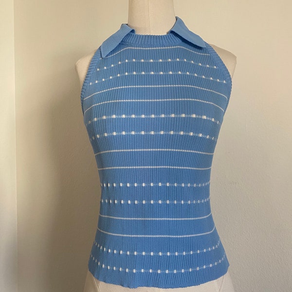 Vintage 70s Stretch Knit Ribbed Tank Top with Stripe and Polka Dot Print ; 70s Retro Sky Blue and White Striped Sweater Vest XS S