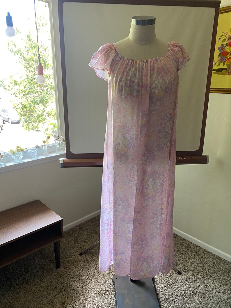 Vintage 90s Pastel Floral Nightie Tank Dress with Flutter Sleeves; 90s Satin Slip Dress Feminine Floral Nightgown